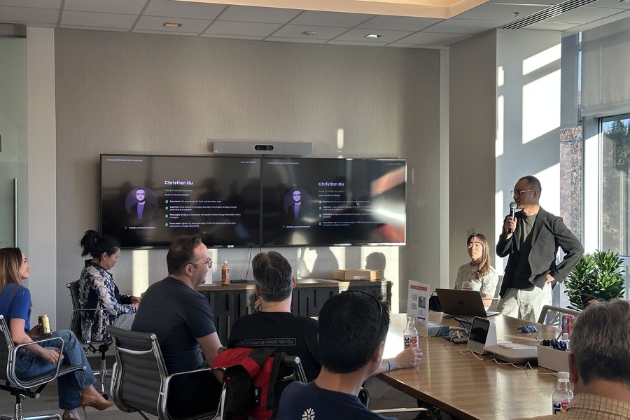 Christian Hu presenting to attendees at the Qoder San Francisco meetup