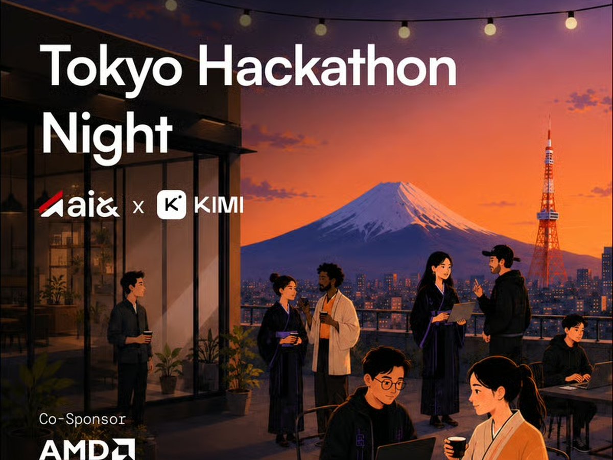 Promotional graphic for the ai& x Moonshot AI (Kimi) Tokyo Hackathon Night, sponsored by AMD and supported by Tokyu Land