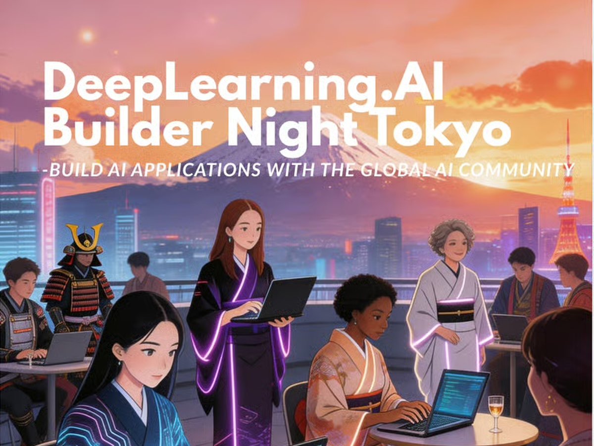 Group photo of builders and organizers at the DeepLearning.AI Builder Night in Tokyo, with a thank-you and winners slide on screen